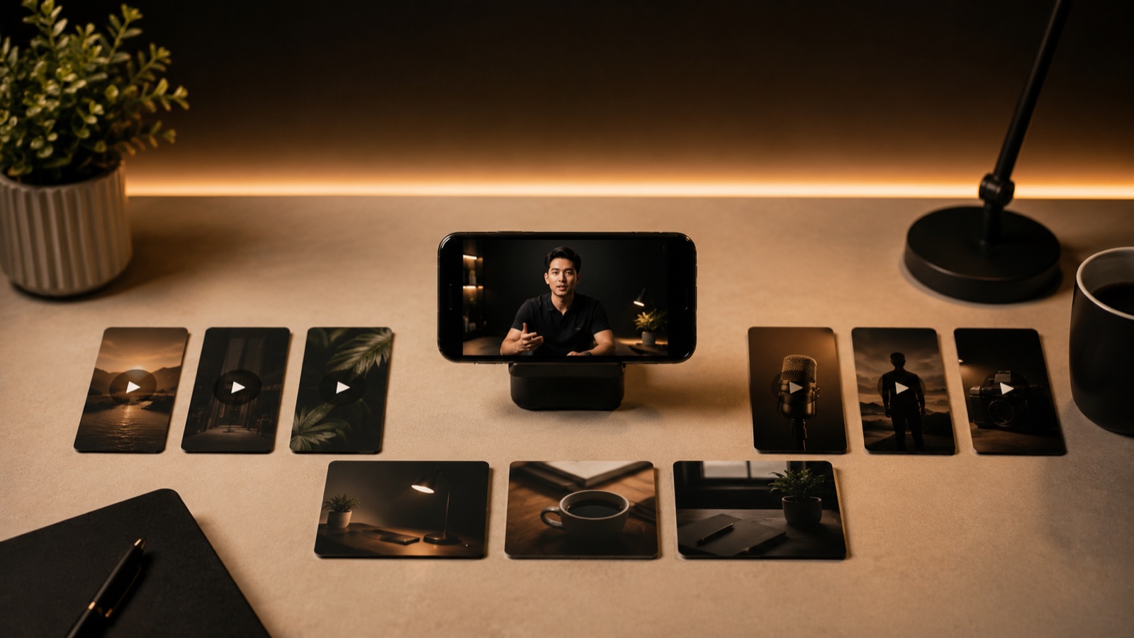 One video on a phone surrounded by short clips and content cards on a desk