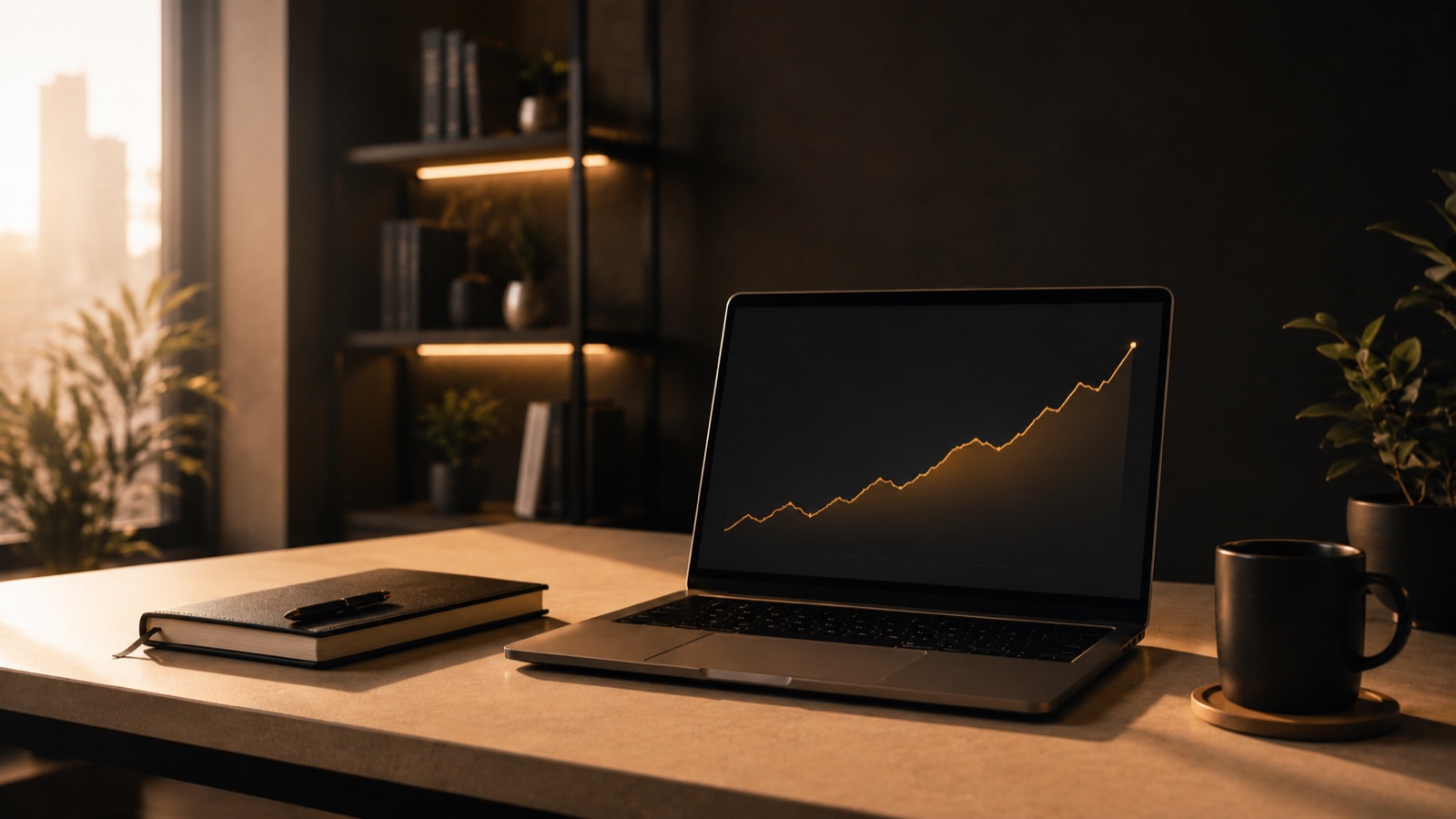 A laptop showing a rising growth chart on a calm desk in warm light