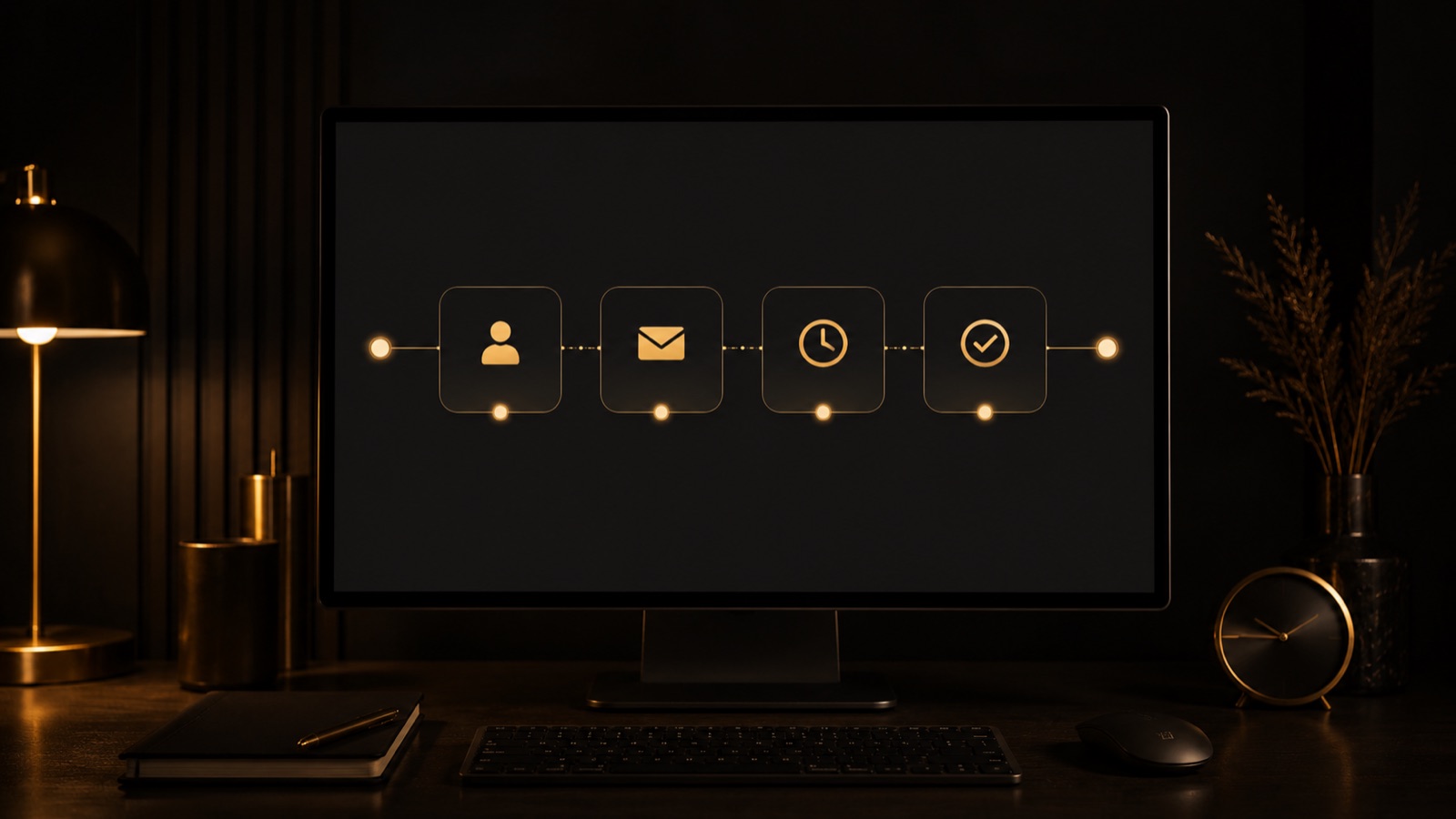 A founder reviewing a clean dashboard while an agent runs tasks in the background in warm light