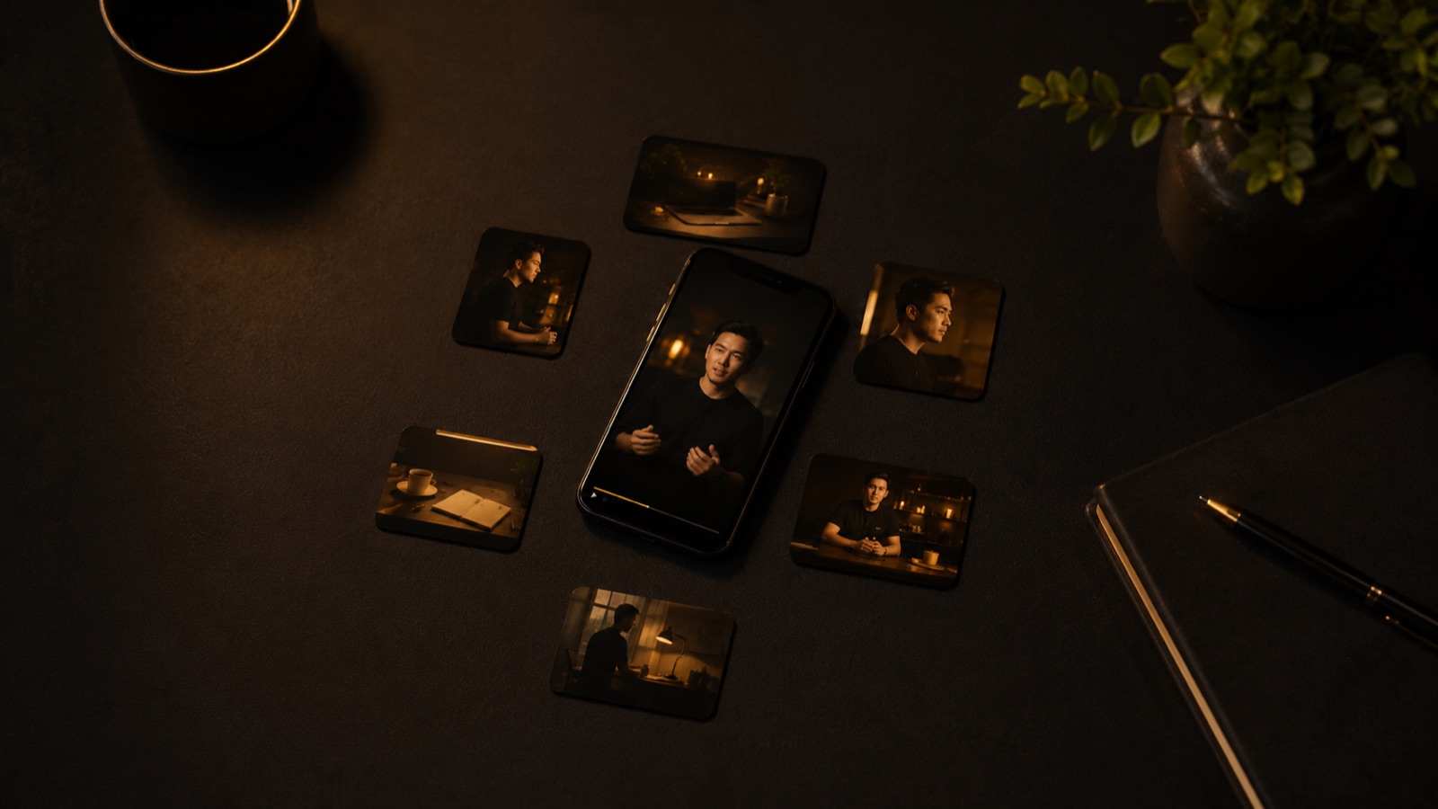 One recording on a phone surrounded by short clips being pulled out, on a warm dark desk