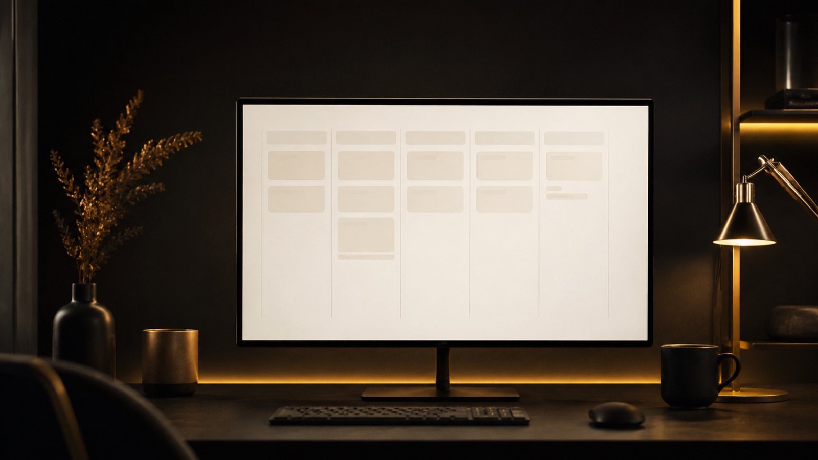 A clean content calendar on a board in warm light, with a week of posts queued and ready