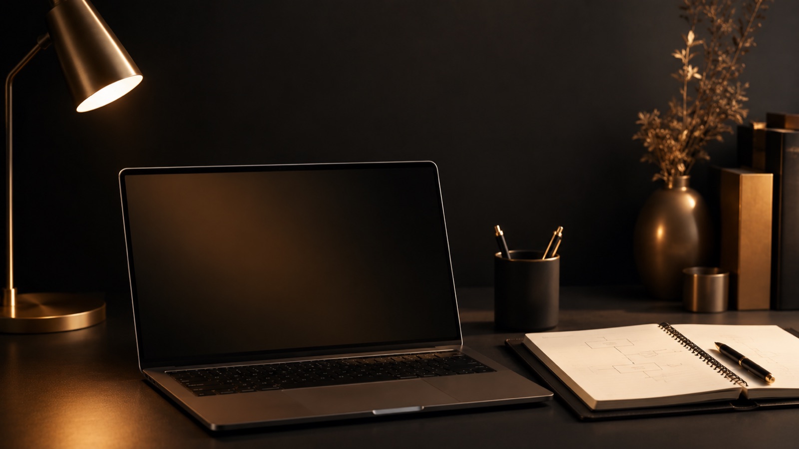 A calm warm desk with a laptop showing a rising revenue chart from content