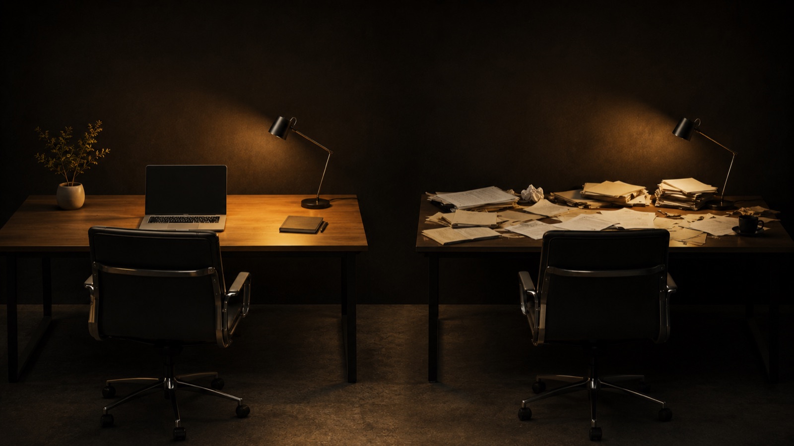 A single laptop on a calm desk showing a content calendar and a rising chart in warm light
