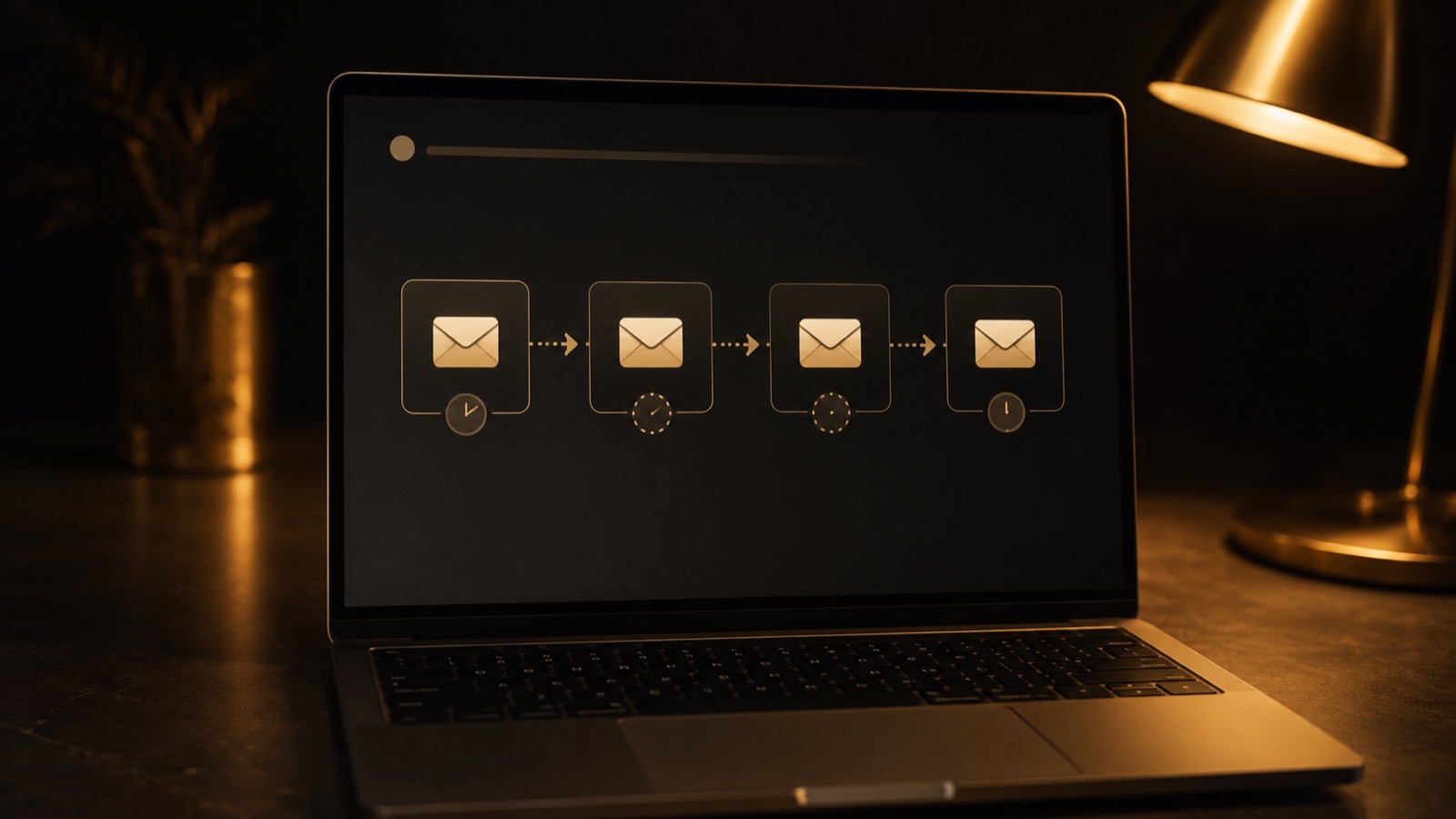 A laptop showing an automated email sequence laid out on a warm wooden desk