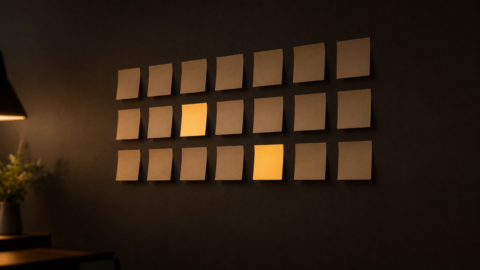 Sticky notes spread across a warm wooden desk grouping ideas into one clear promise