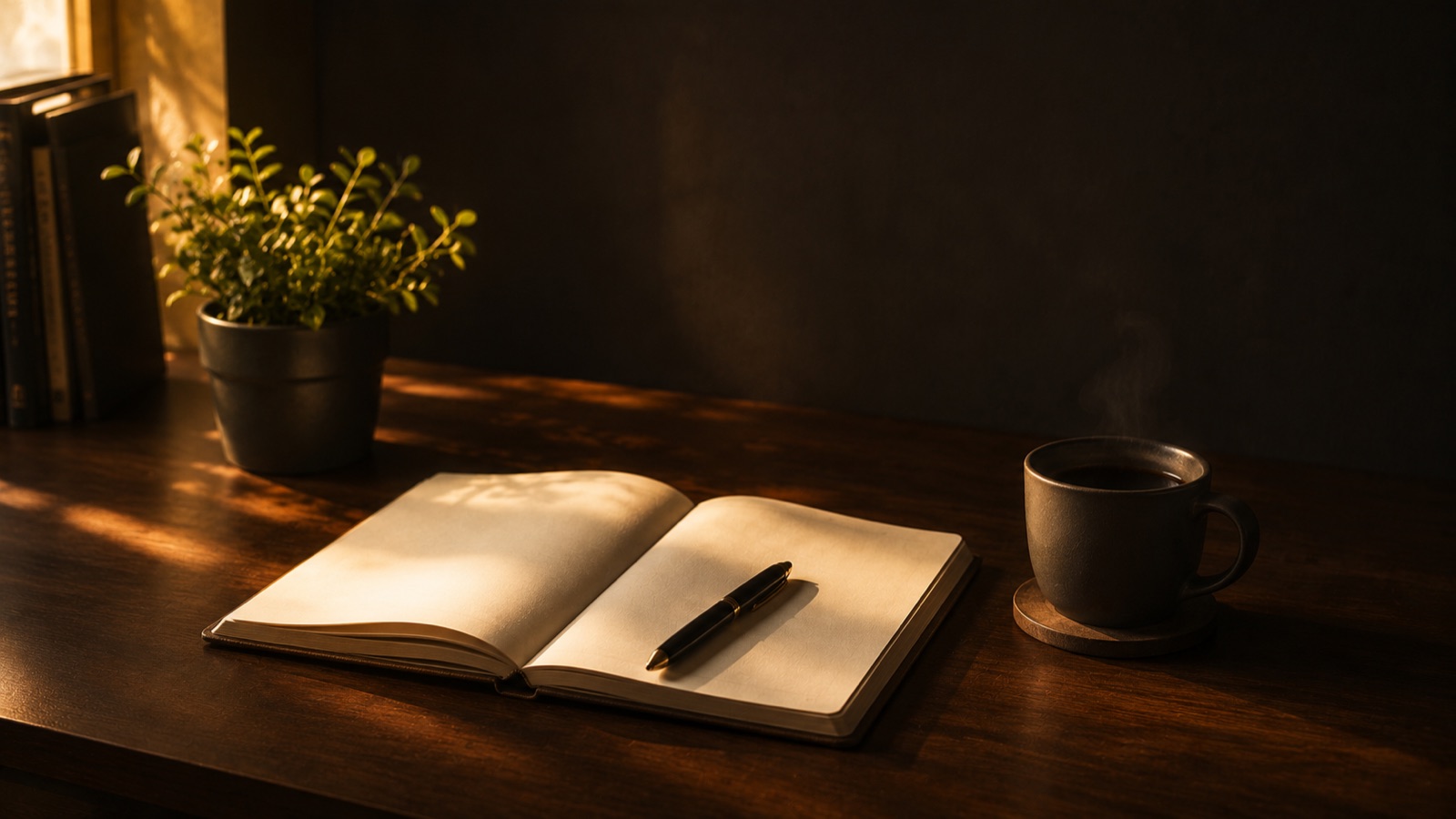 A notebook with one promise circled and the rest crossed out on a calm desk in warm light