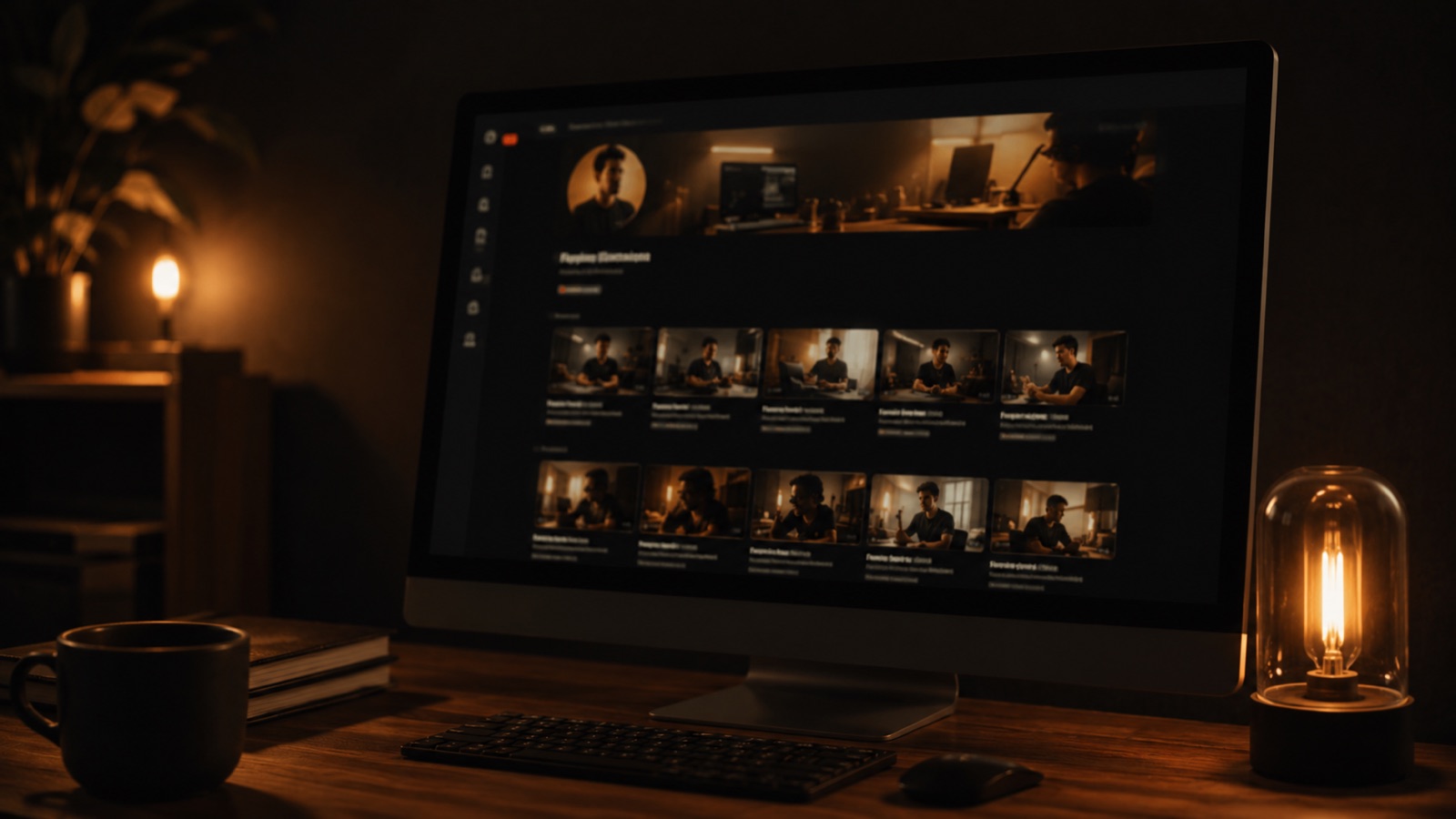 A founder reviewing video thumbnails and titles on a screen in warm studio light