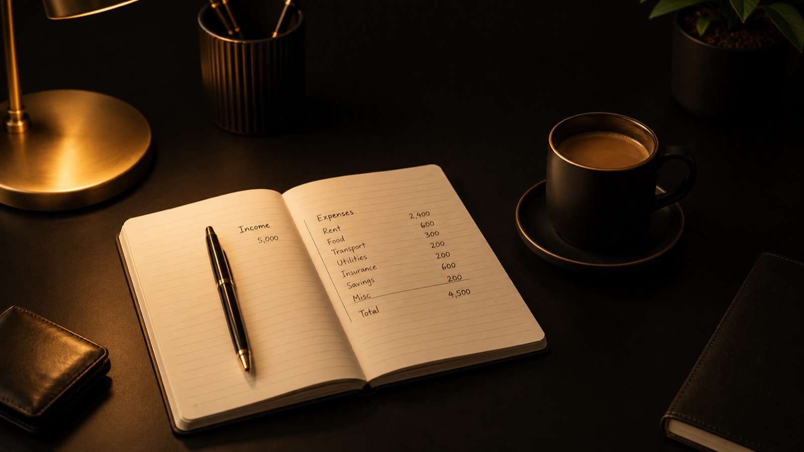 A hand writing a simple budget in a notebook beside a phone and a cup of coffee in warm light
