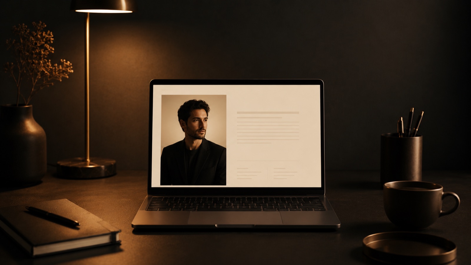 A founder recording a short video at a warm wooden desk while a laptop shows the company brand page