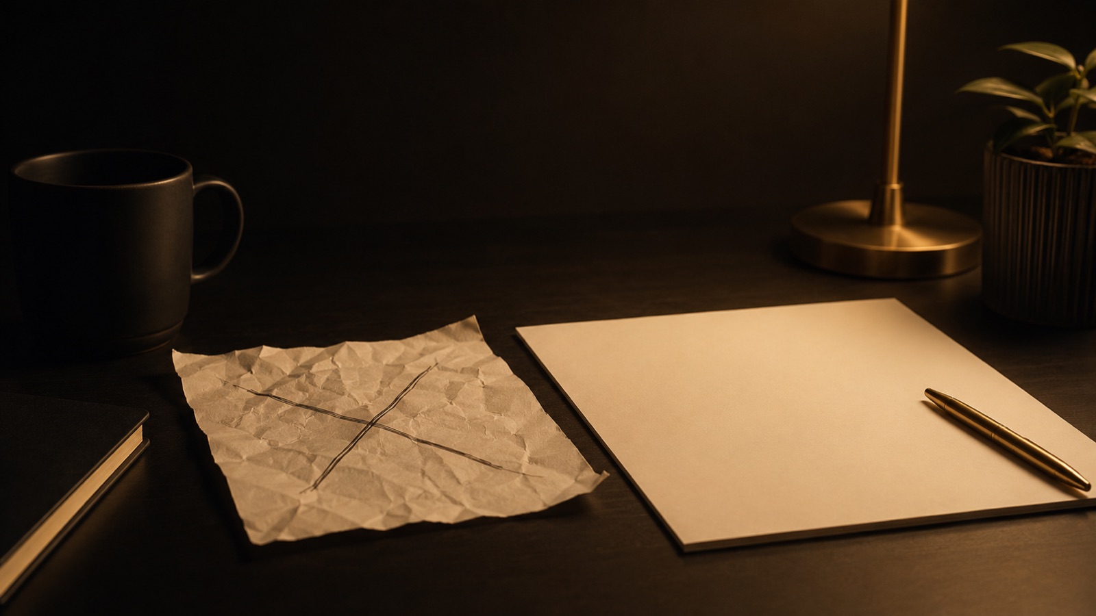 A person looking at notes and old photos at a warm desk, pulling real stories for content