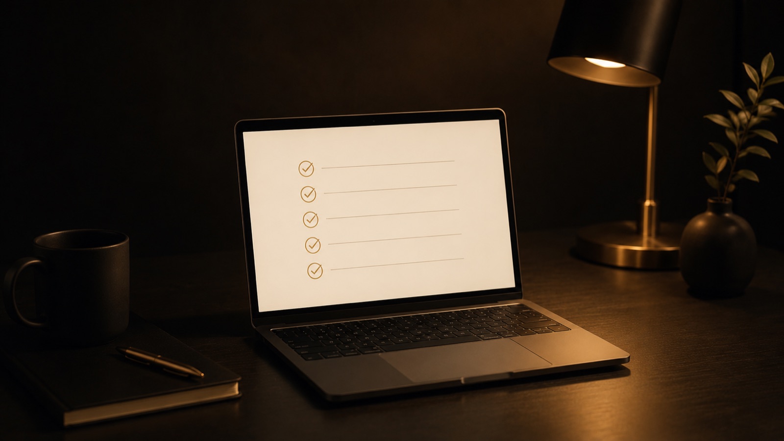 A calm desk in warm light with a slow rising chart on a laptop, showing growth that compounds over time