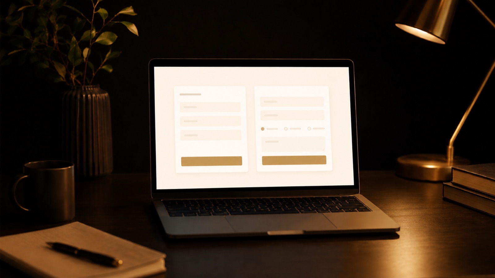 A laptop showing a rising leads count on a calm desk in warm light, with a coffee cup nearby