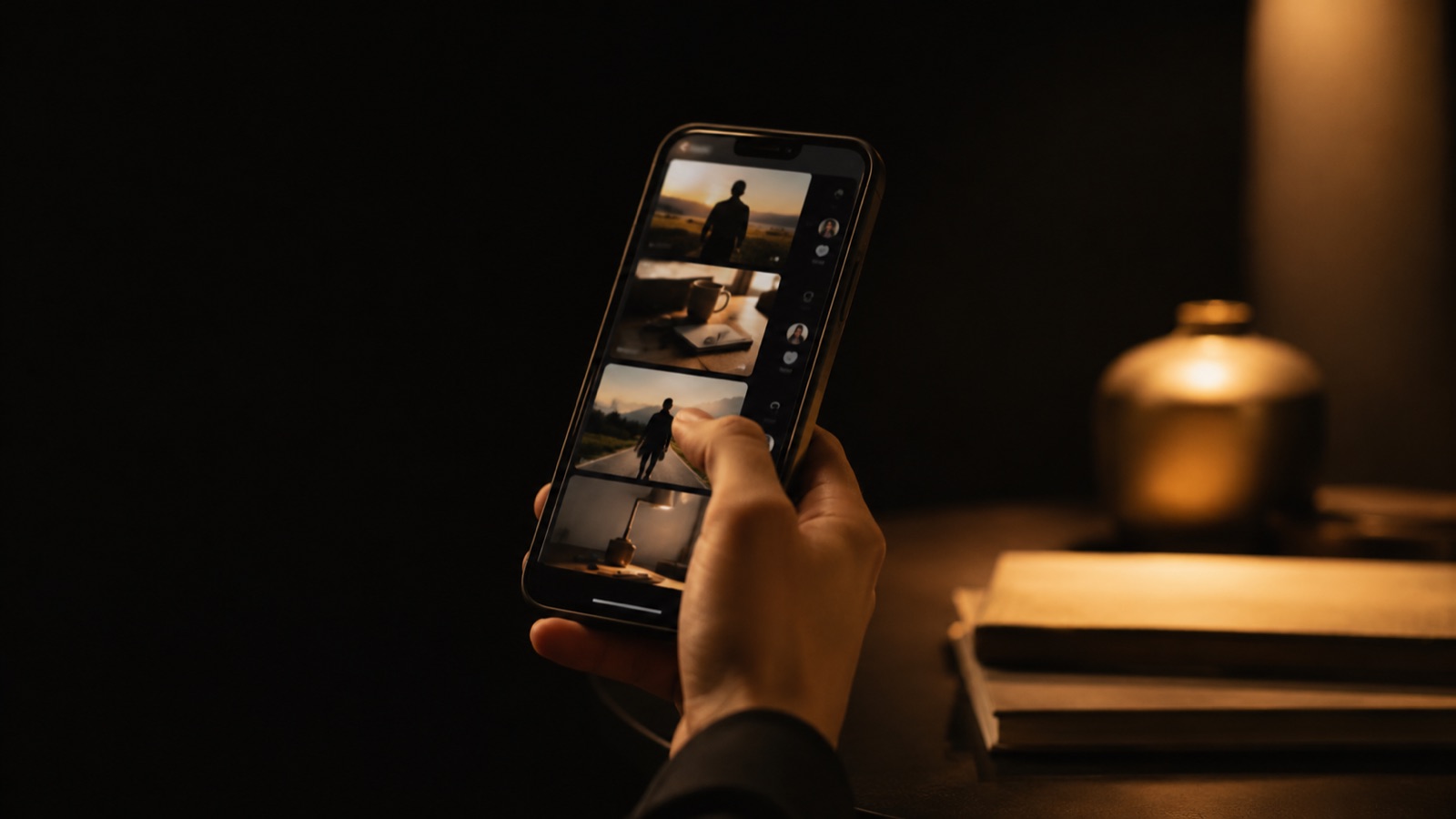A phone on a small tripod showing a short video with captions, lit by a warm lamp