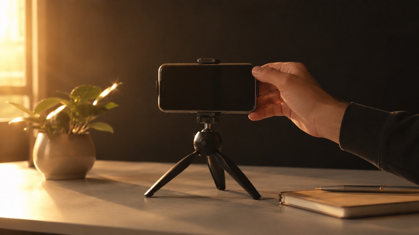 A phone propped on books near a bright window, a simple beginner recording setup at home