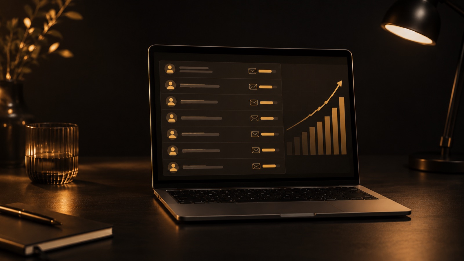 A laptop dashboard showing a fast climb in new email leads on a calm desk