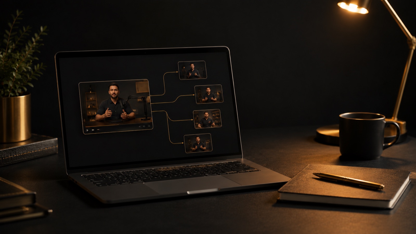 One long video on a screen branching out into short clips, a post, an email and a thread