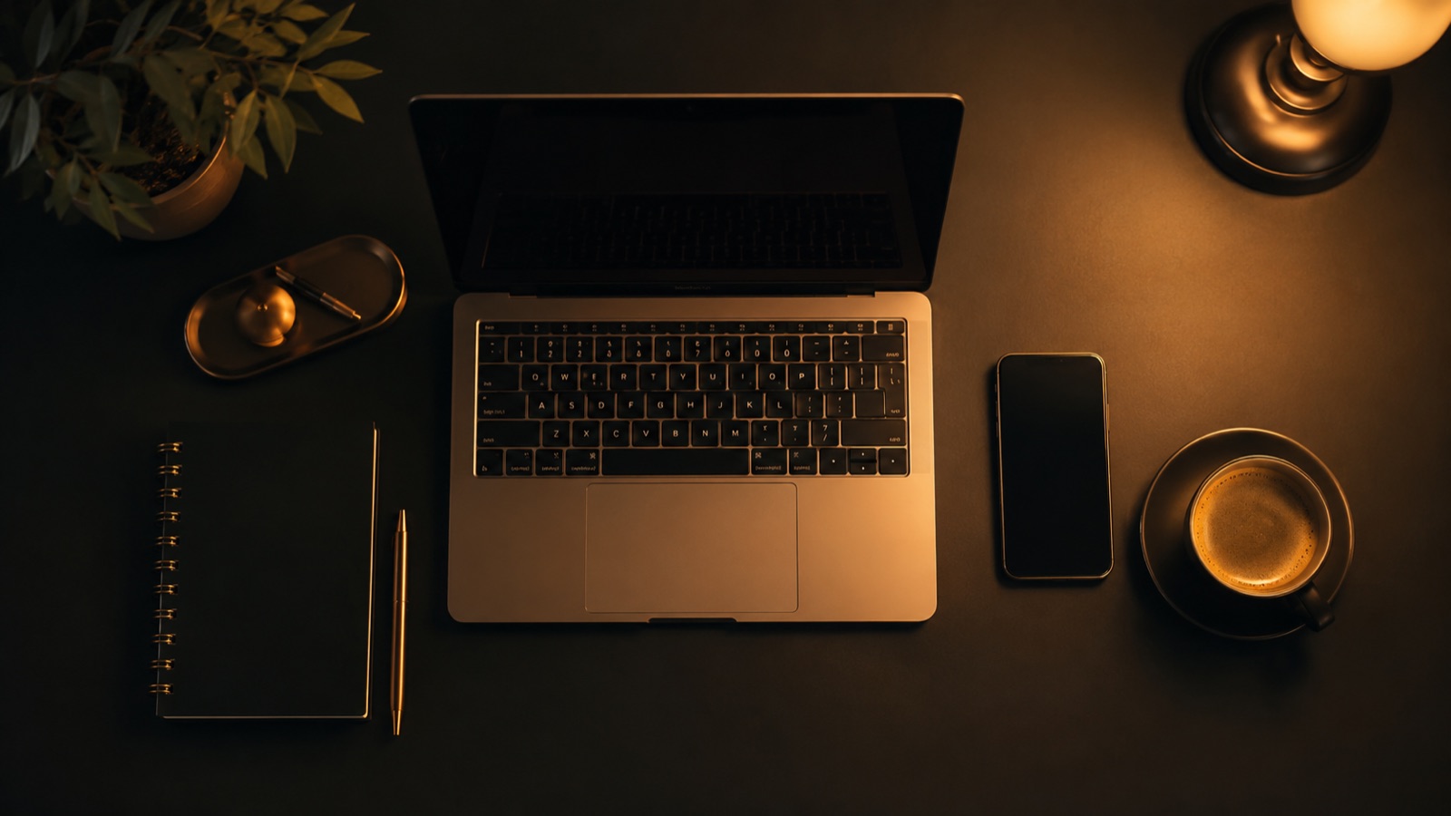A single desk where content, funnel and email pieces connect into one flow under warm light