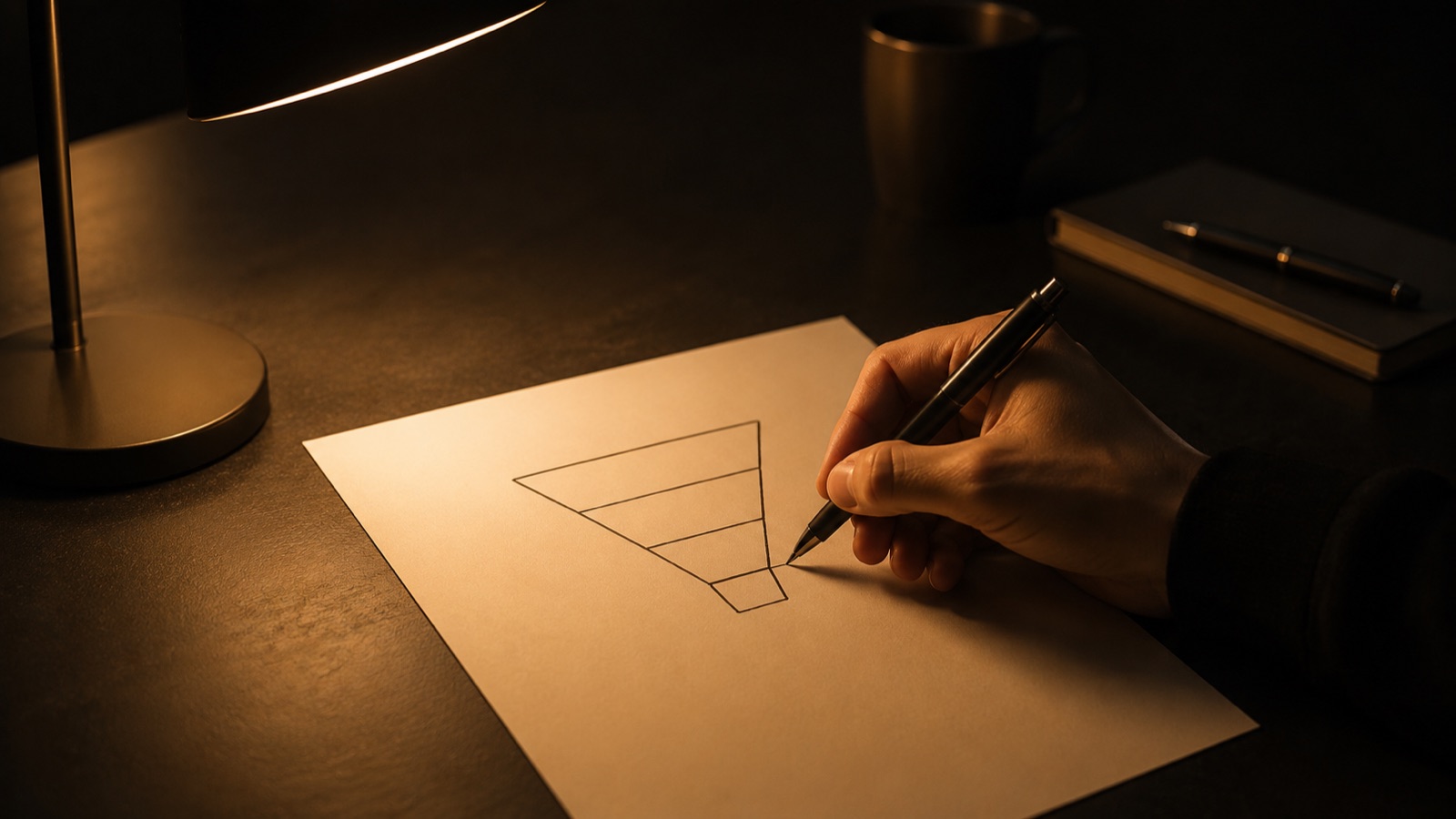 A simple four-step funnel drawn on a notebook: attention, free gift, trust, offer