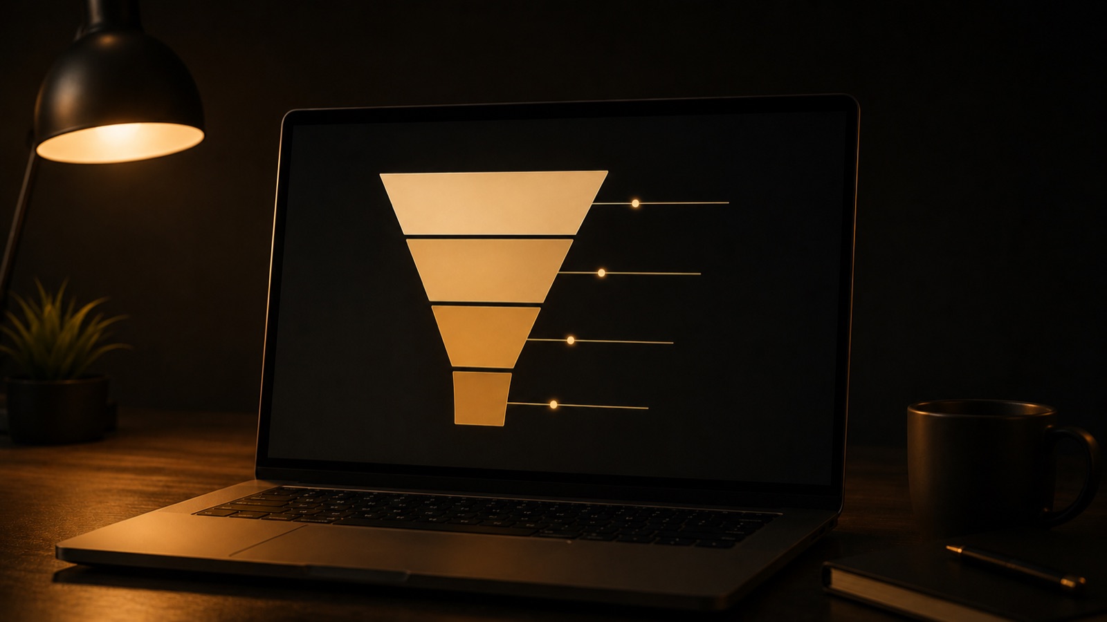 A laptop showing a quiz funnel signup form on a calm desk in warm light