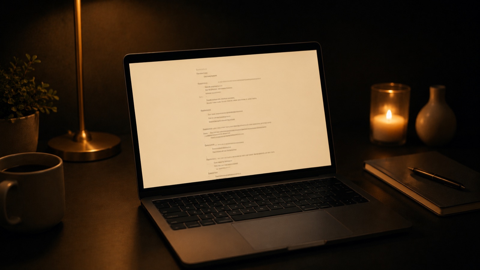 A handwritten script outline on lined paper with hook, promise and beats marked, on a warm dark desk