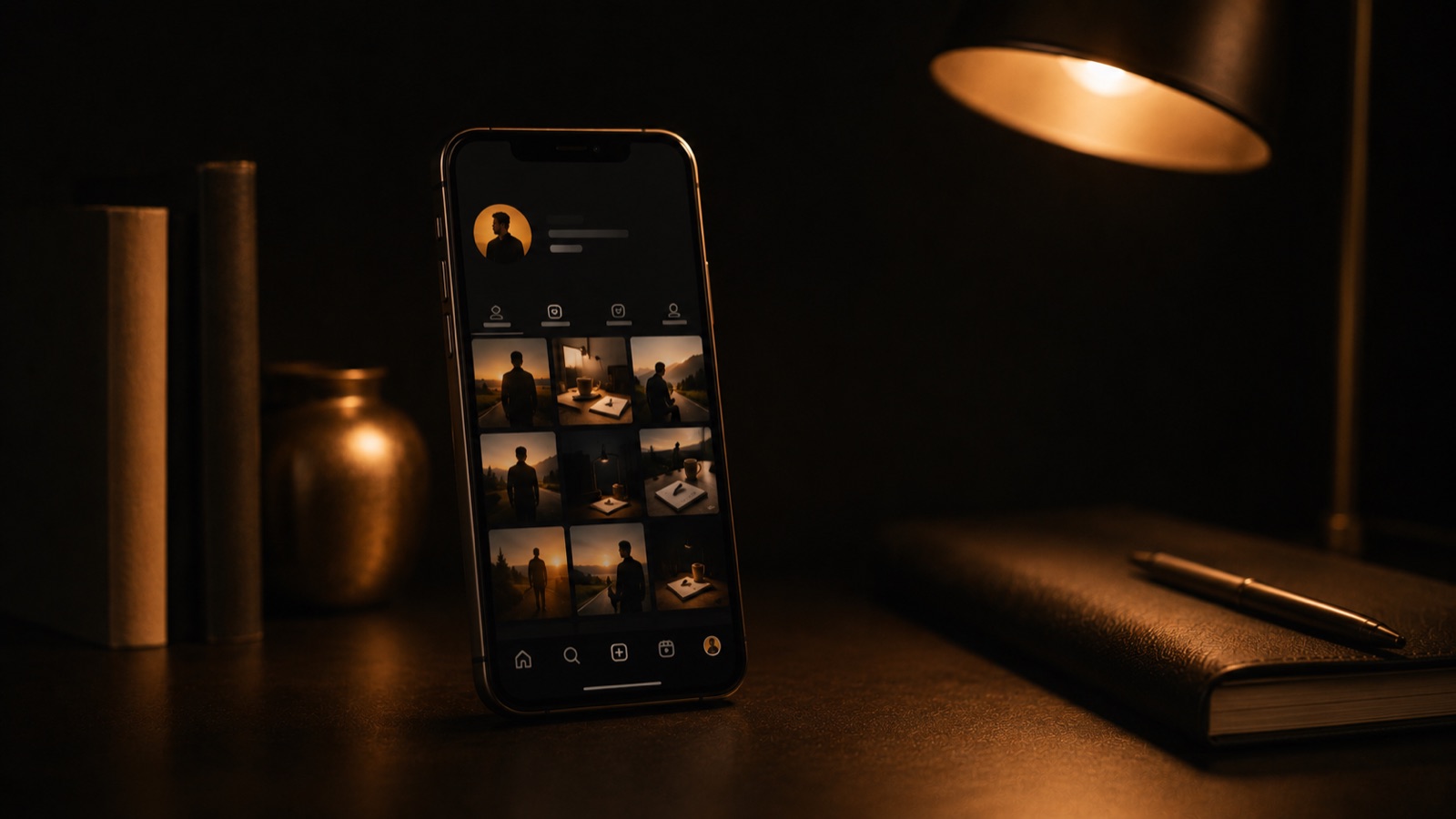 A phone in warm light showing a direct message conversation turning into a booked call